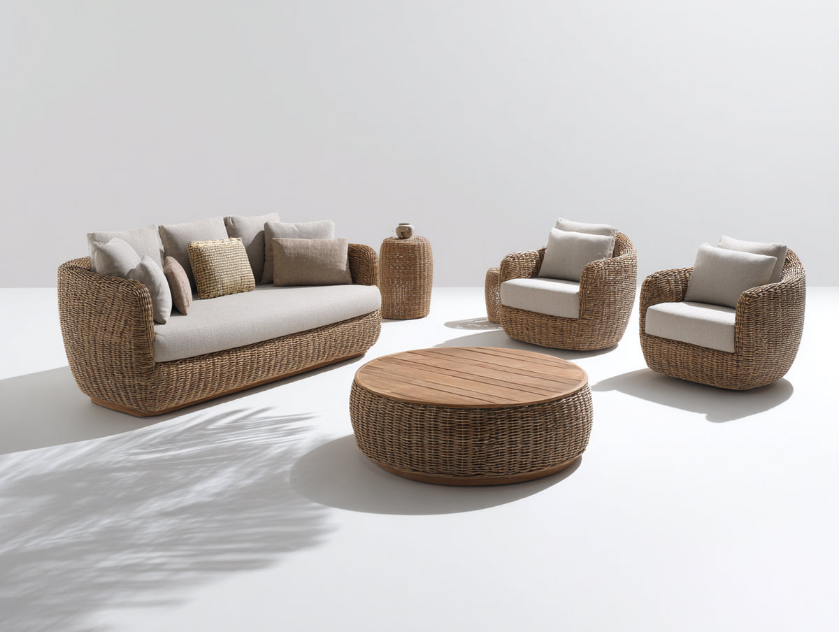 Gartensofa Set aus Polyrattan 280 x 210 x 82 cm - Braun-Beige-Naturholz - 4-teilig mit 2 Sesseln und rundem Couchtisch für Garten und Terrasse