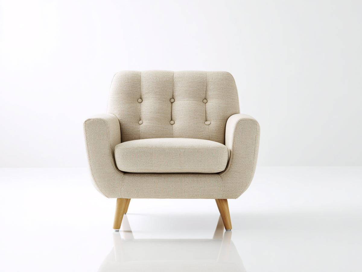 Sessel mit Stoffbezug 86 x 82 x 88 cm - Creme-Naturholz - Gepolstert mit Knopfheftung und Holzfüßen für Wohnzimmer und Schlafzimmer