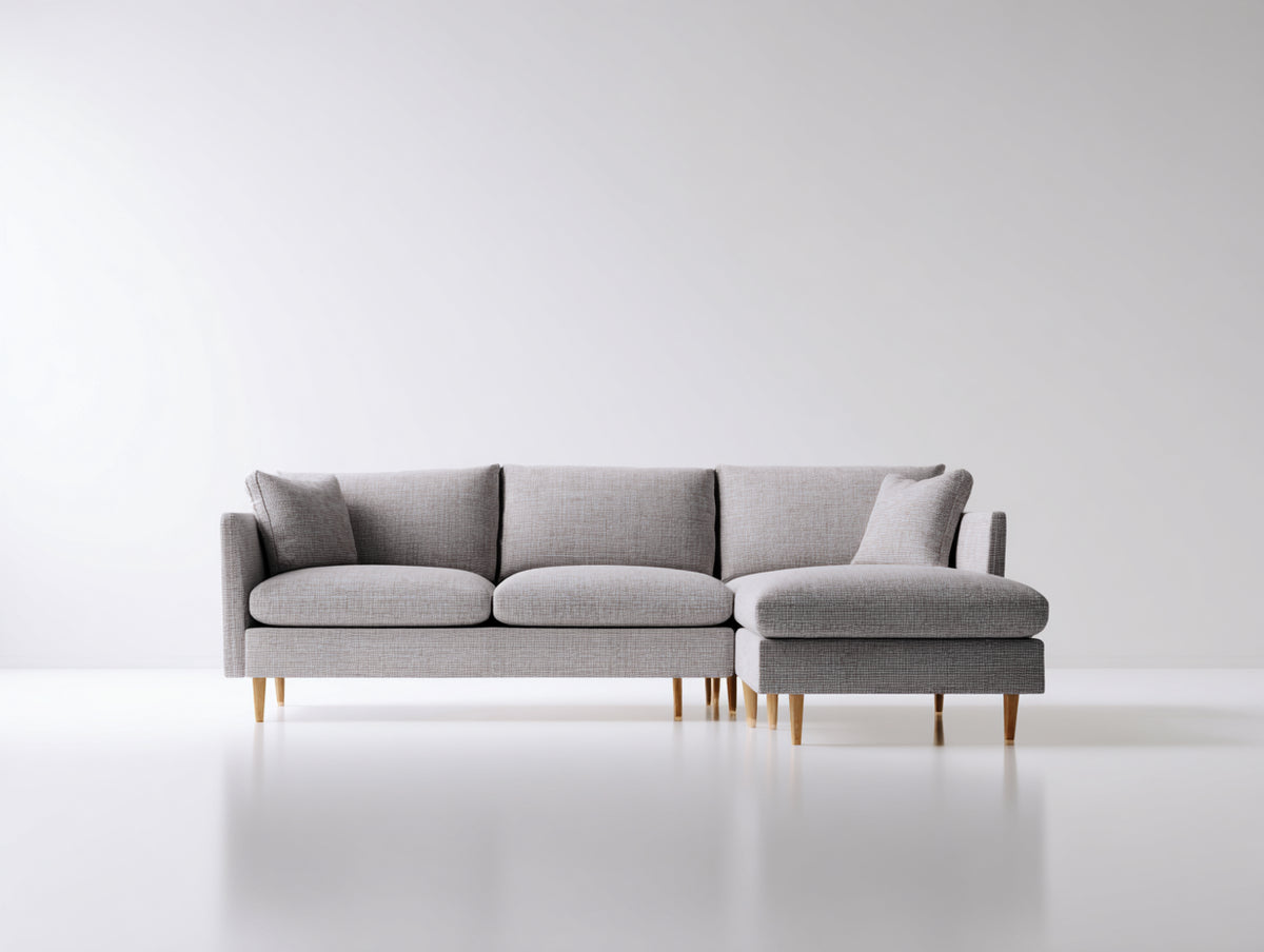 Ecksofa aus Strukturstoff 255 x 165 x 88 cm - Hellgrau und Naturfarben - Modernes Design mit Ottomane und Holzfüßen für Wohnzimmer