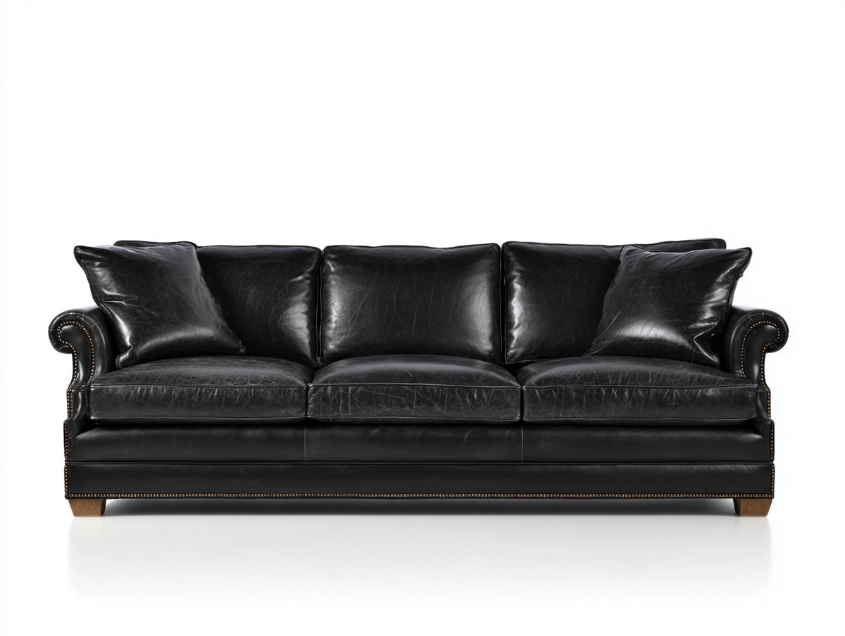 3 Sitzer Sofas mit Lederbezug 230 x 95 x 90 cm - Schwarz - Gepolstert mit Rundarmlehnen und Ziernieten im klassischen Design