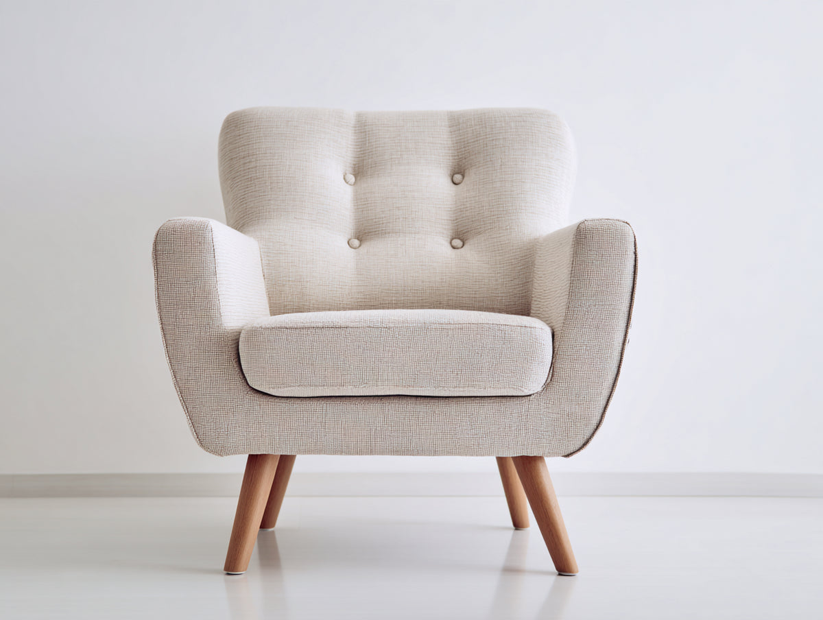 Sessel mit Strukturstoffbezug 84 x 80 x 88 cm - Cremeweiß-Naturbraun - Retrodesign mit Knopfheftung und Holzbeinen