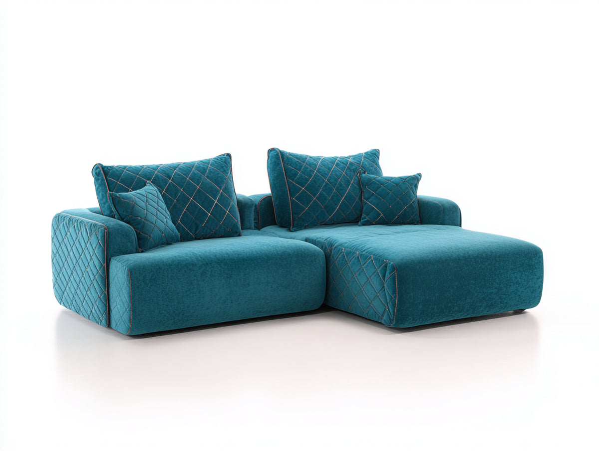 Ecksofa aus Samt 260x180x85 cm - Petrol - Modernes Design mit breiter Recamiere