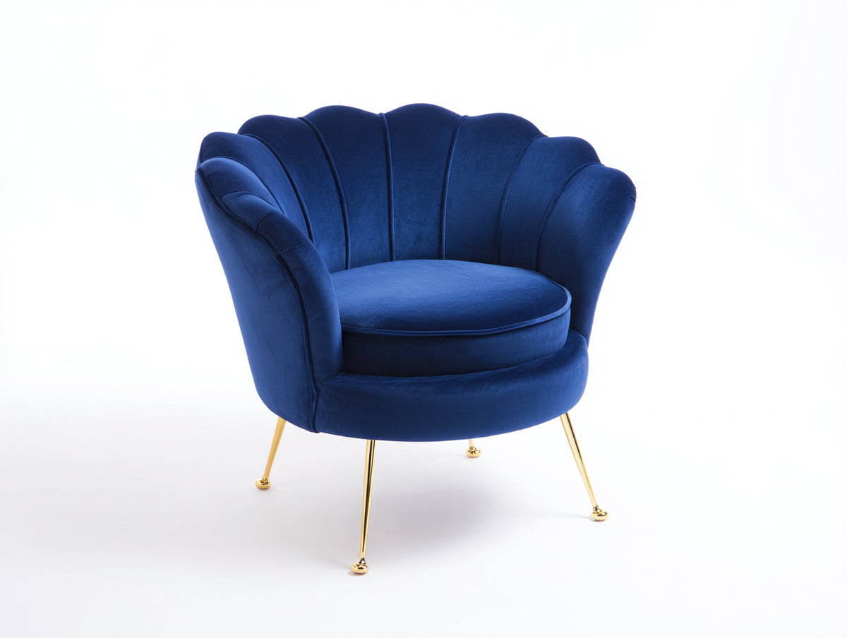 Sessel aus Samt 90x86x92 cm - Königsblau Goldfarben - Muscheldesign mit Metallfüßen