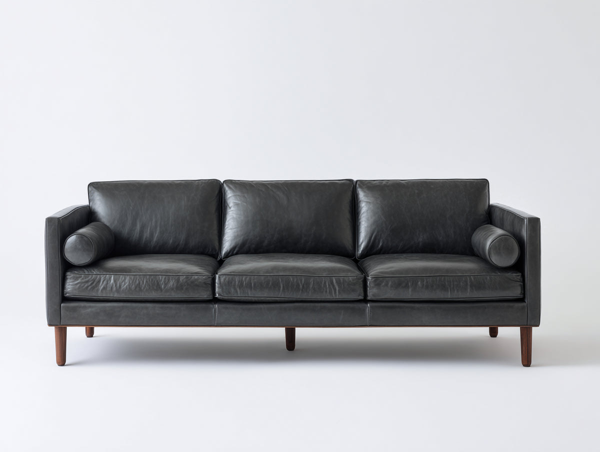 3 Sitzer Sofas mit Bezug in Lederoptik 225x90x82 cm - Anthrazit Naturbraun - Modernes Design mit Holzfüßen