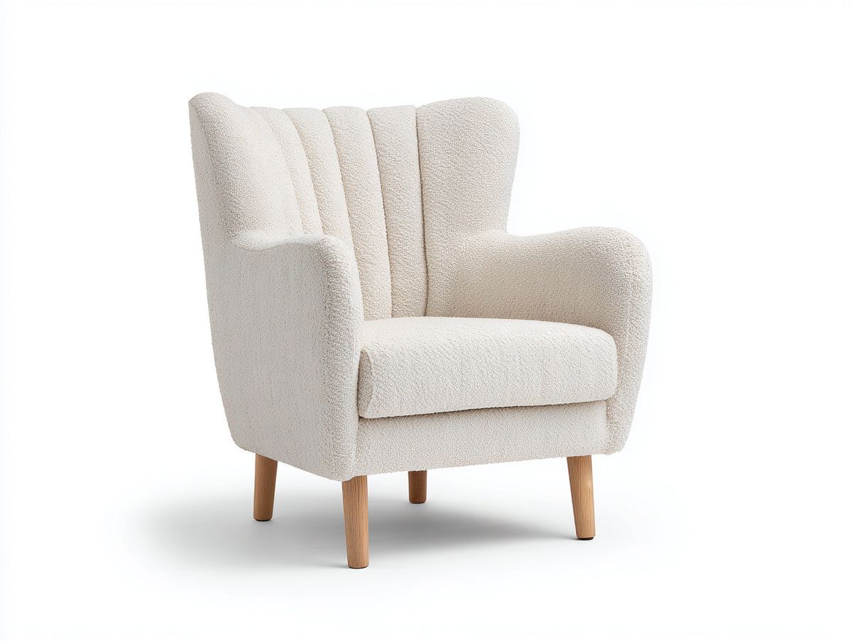 Sessel aus Boucléstoff 86 x 84 x 105 cm - Cremeweiß und Naturfarben - Modernes Ohrensesseldesign mit Holzbeinen für Wohnzimmer und Schlafzimmer