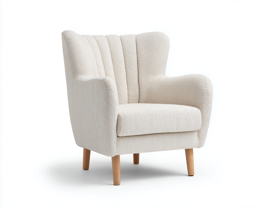 Sessel aus Boucléstoff 86 x 84 x 105 cm - Cremeweiß und Naturfarben - Modernes Ohrensesseldesign mit Holzbeinen für Wohnzimmer und Schlafzimmer