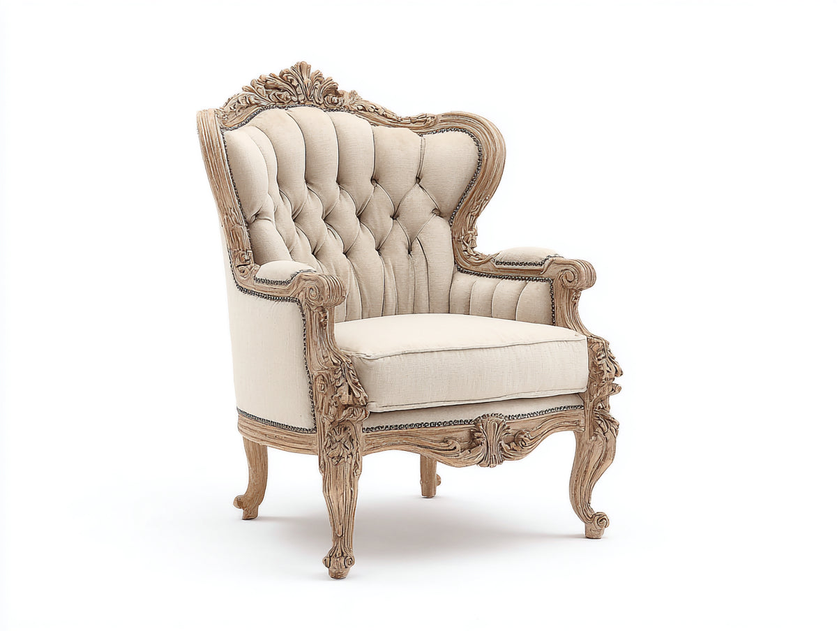 Sessel mit Leinenstoffbezug 92 x 88 x 118 cm - Beige-Naturbraun - Barockdesign mit Knopfheftung und Holzrahmen