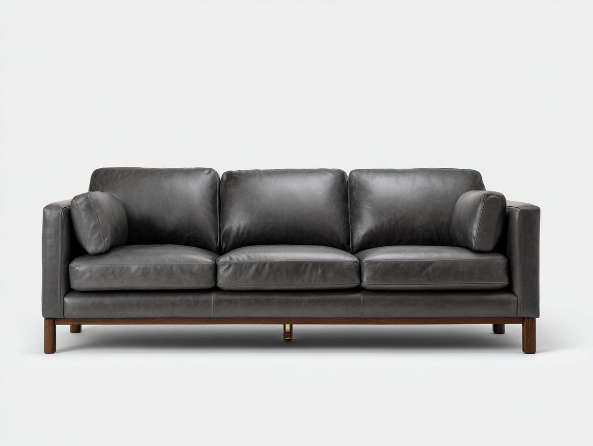 3 Sitzer Sofas mit Lederbezug 225 x 92 x 85 cm - Dunkelgrau - Gepolstert mit geraden Armlehnen und Holzgestell im modernen Design