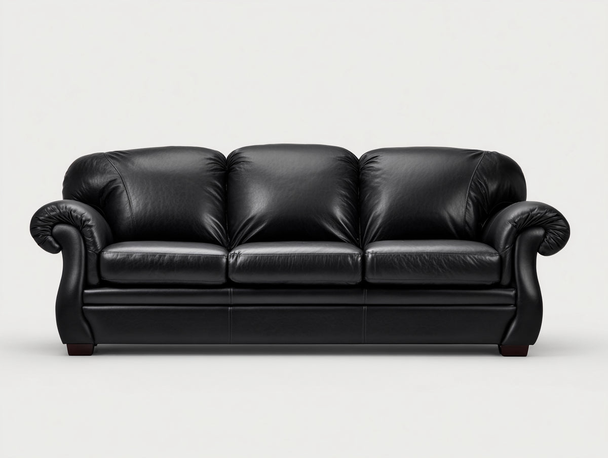 3 Sitzer Sofas mit Bezug in Lederoptik 220x95x90 cm - Schwarz - Klassisches Design mit gerollten Armlehnen