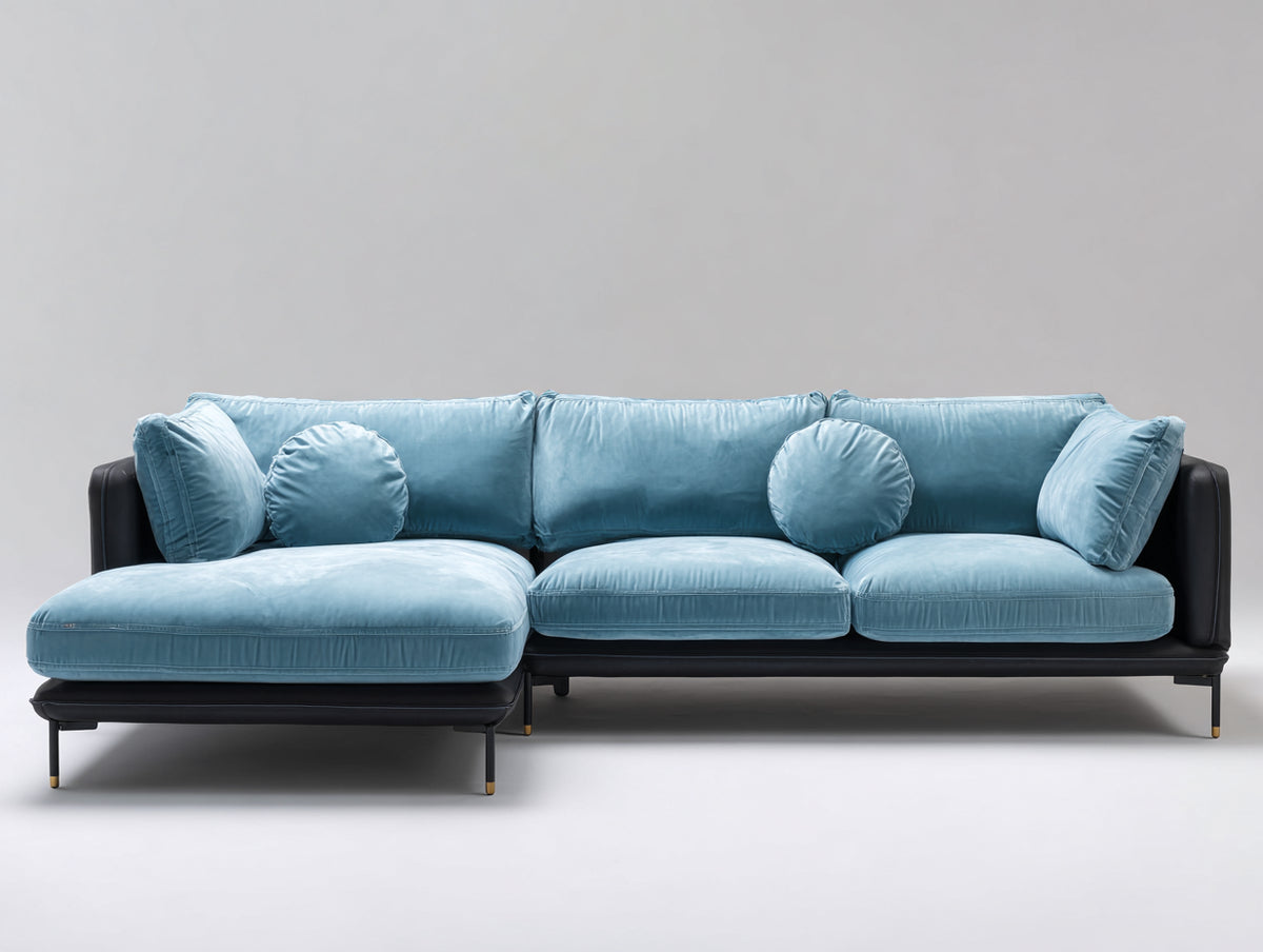 Ecksofa aus Samt 285x180x85 cm - Hellblau Schwarz Goldfarben - Modernes Design mit Recamiere und Metallfüßen