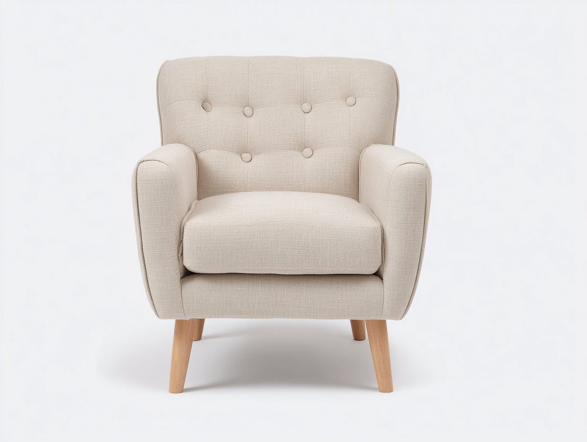 Sessel aus Strukturstoff 82 x 84 x 90 cm - Beige und Naturfarben - Modernes Design mit Knopfheftung und Holzbeinen für Wohnzimmer und Schlafzimmer