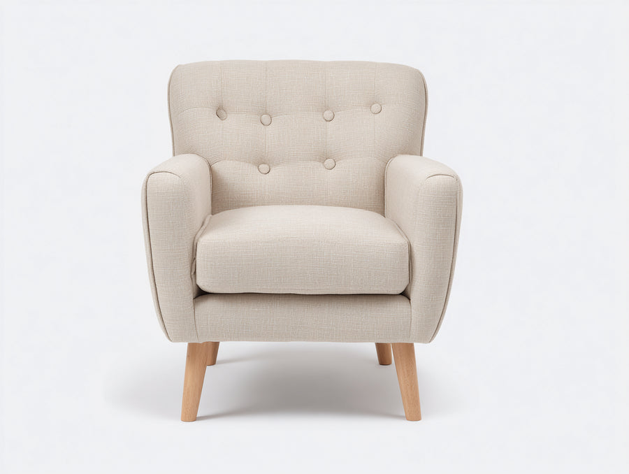 Sessel aus Strukturstoff 82 x 84 x 90 cm - Beige und Naturfarben - Modernes Design mit Knopfheftung und Holzbeinen für Wohnzimmer und Schlafzimmer