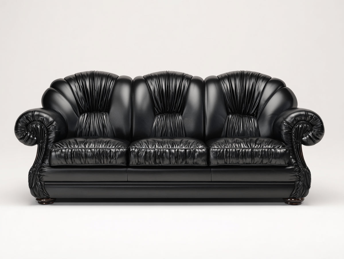 3 Sitzer Sofas mit Bezug in Lederoptik 225x100x95 cm - Schwarz - Klassisches Design mit gerollten Armlehnen