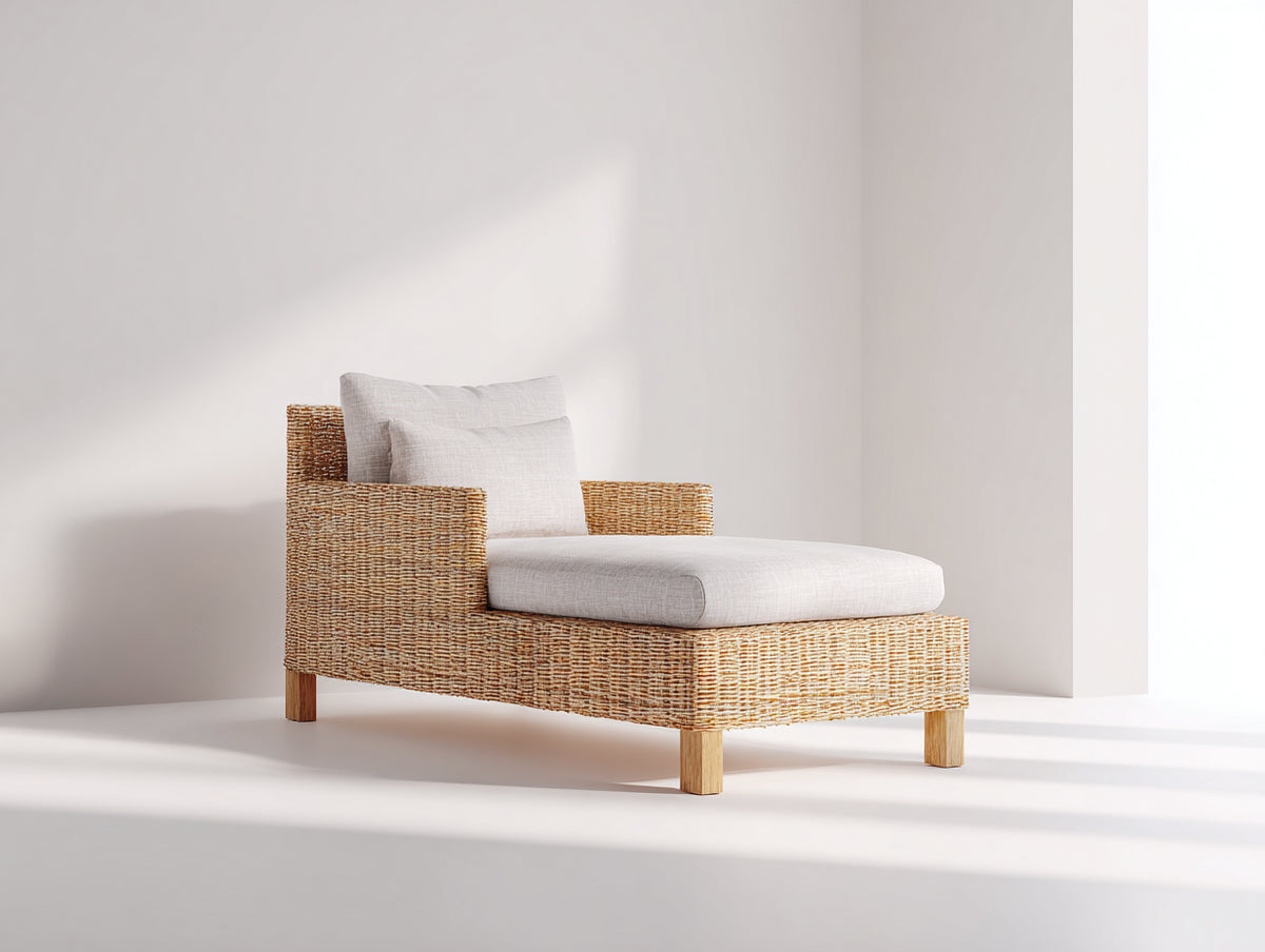 Sonnenliege aus Polyrattan und Holz 170 x 85 x 82 cm - Naturbraun und Cremeweiß - Modernes Loungedesign mit Armlehnen für Garten und Terrasse