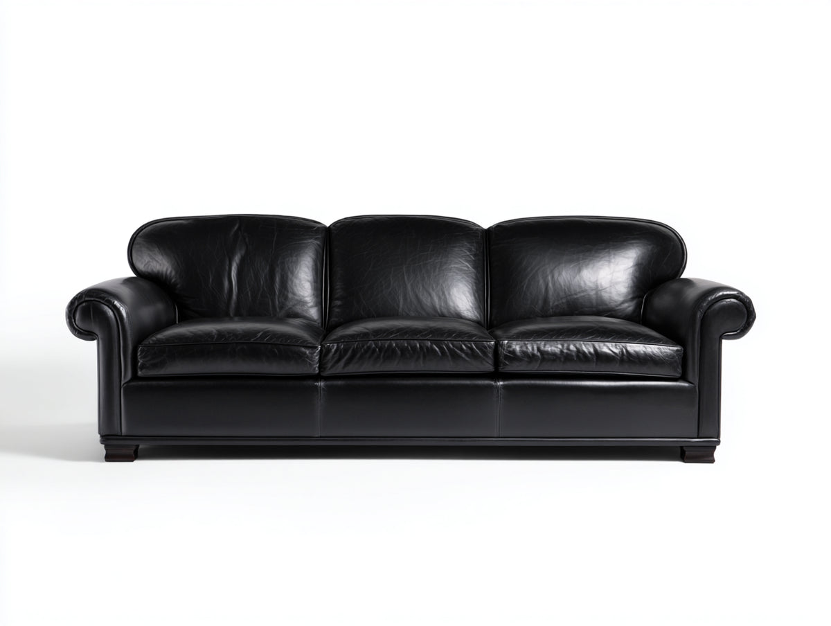 3 Sitzer Sofas in Lederoptik 210 x 92 x 88 cm - Schwarz - Gepolstert mit Rundarmlehnen für Wohnzimmer und Büro