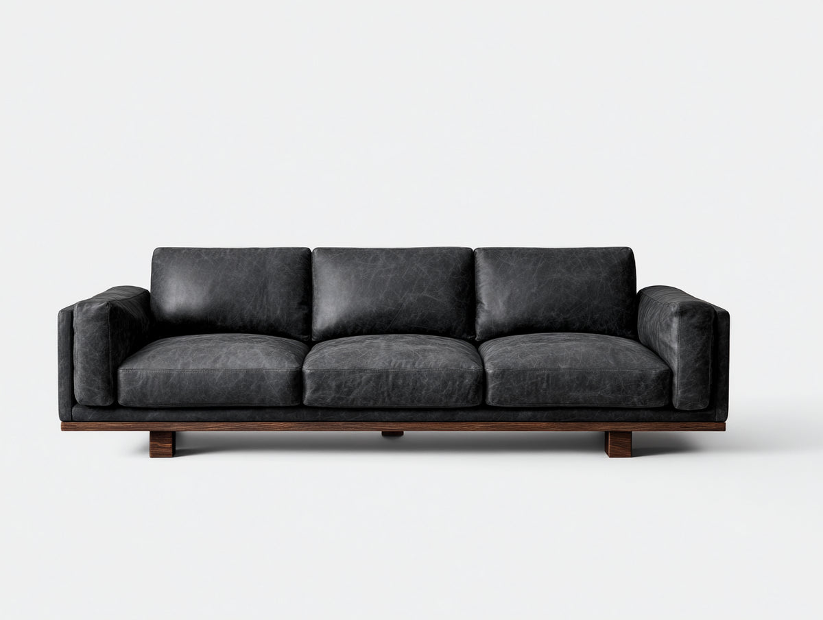 3 Sitzer Sofas in Lederoptik 225 x 95 x 84 cm - Anthrazit-Naturholz - Gepolstert mit Holzrahmen für Wohnzimmer und Büro