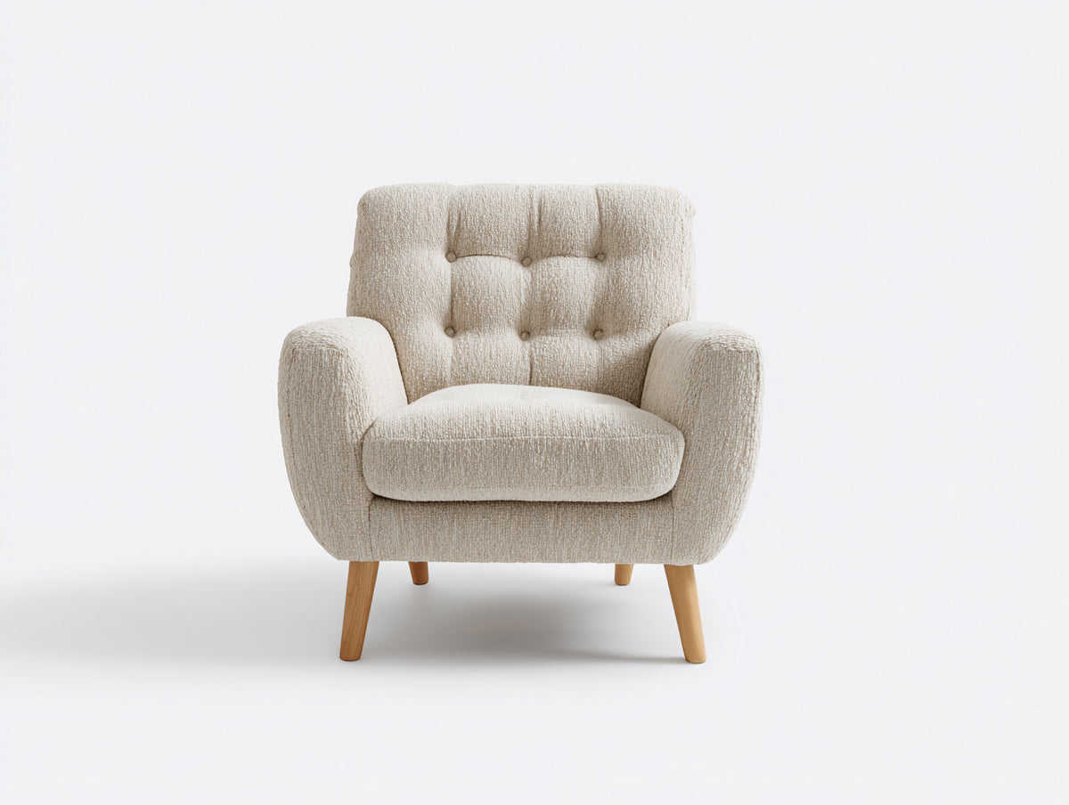 Sessel mit Bouclébezug 84 x 82 x 88 cm - Beige-Naturfarben - Gepolstert mit Knopfheftung und Holzbeinen im modernen Design