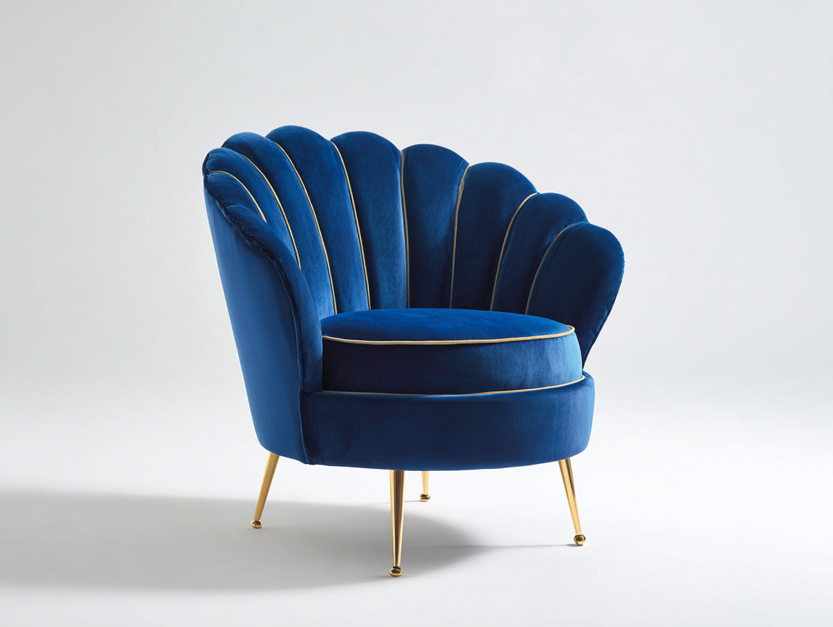 Sessel aus Samt 94 x 88 x 104 cm - Königsblau und Goldfarben - Elegantes Muscheldesign mit Metallbeinen für Wohnzimmer und Schlafzimmer