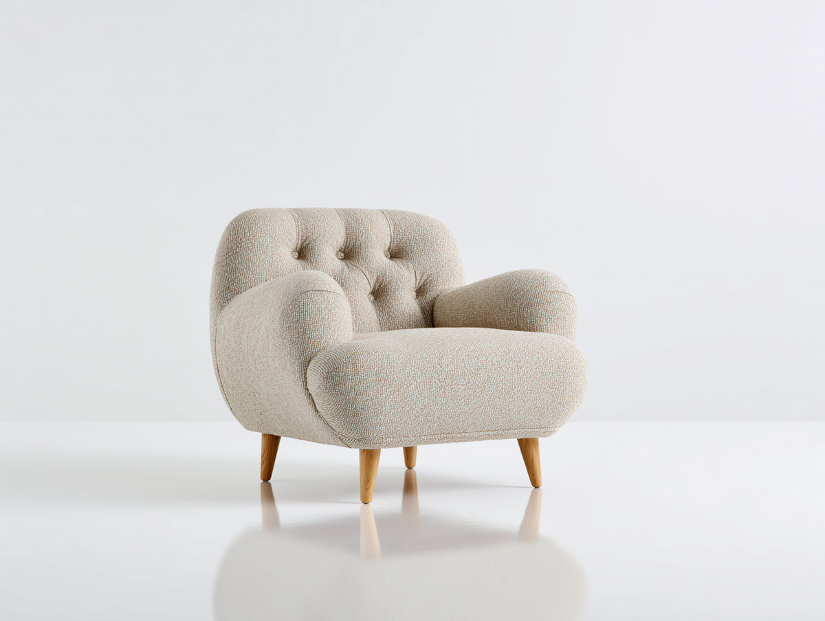 Sessel mit Strukturstoffbezug 86 x 82 x 80 cm - Cremeweiß-Naturbraun - Gepolstertes Design mit Knopfheftung