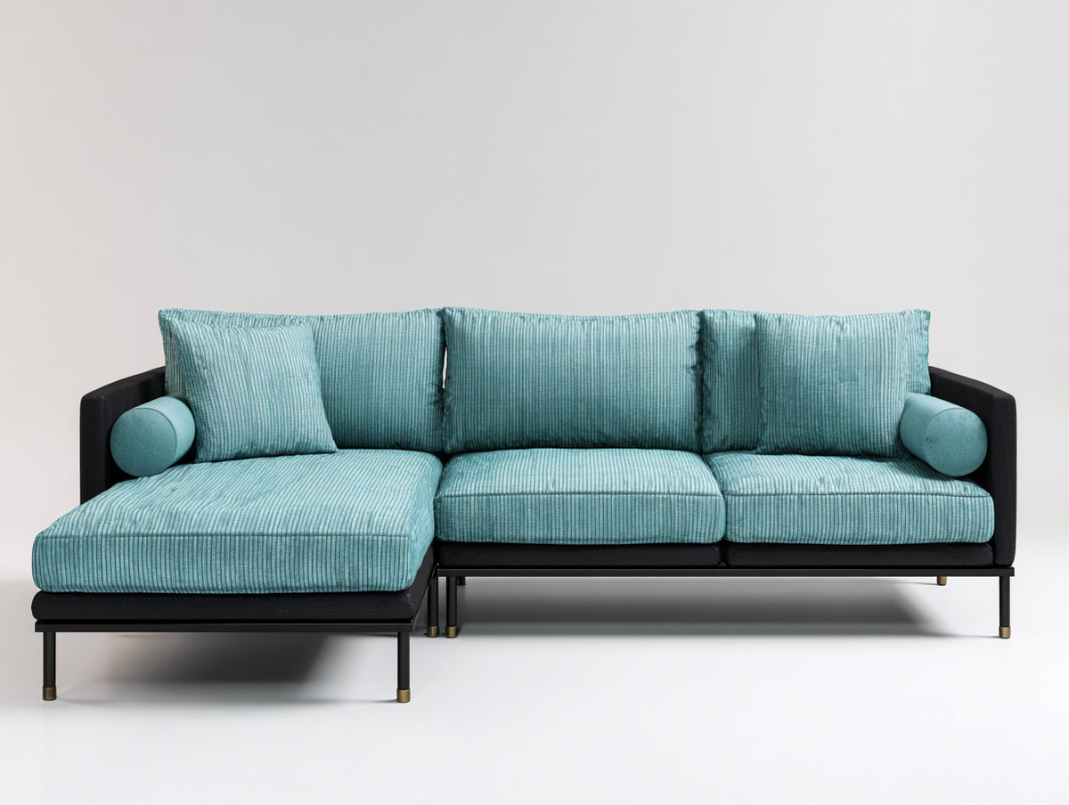 Ecksofa mit Cordbezug 275 x 185 x 82 cm - Türkis-Schwarz - Gepolstert mit Ottomane und erhöhtem Metallgestell im modernen Design