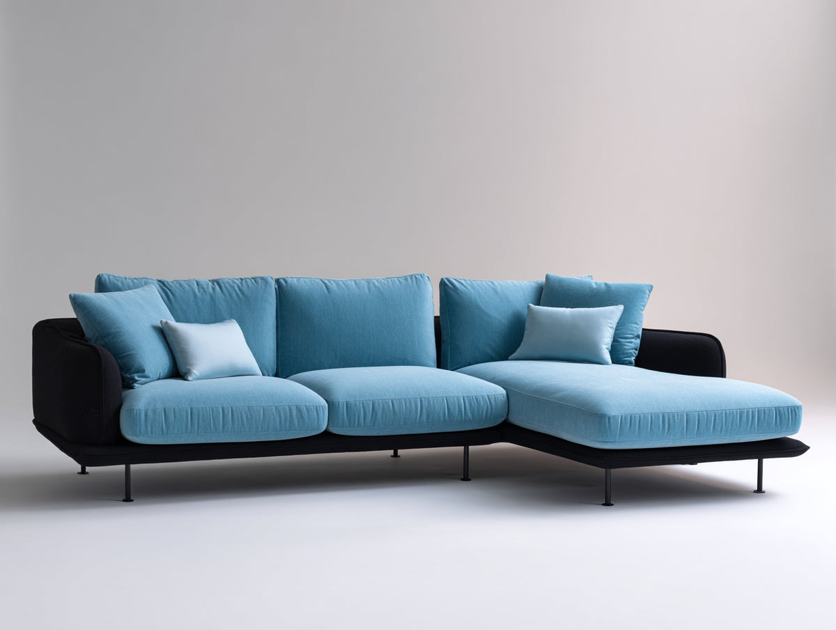 Ecksofa mit Strukturstoffbezug 285 x 175 x 82 cm - Hellblau-Schwarz - Modernes Design mit Recamiere und Metallbeinen