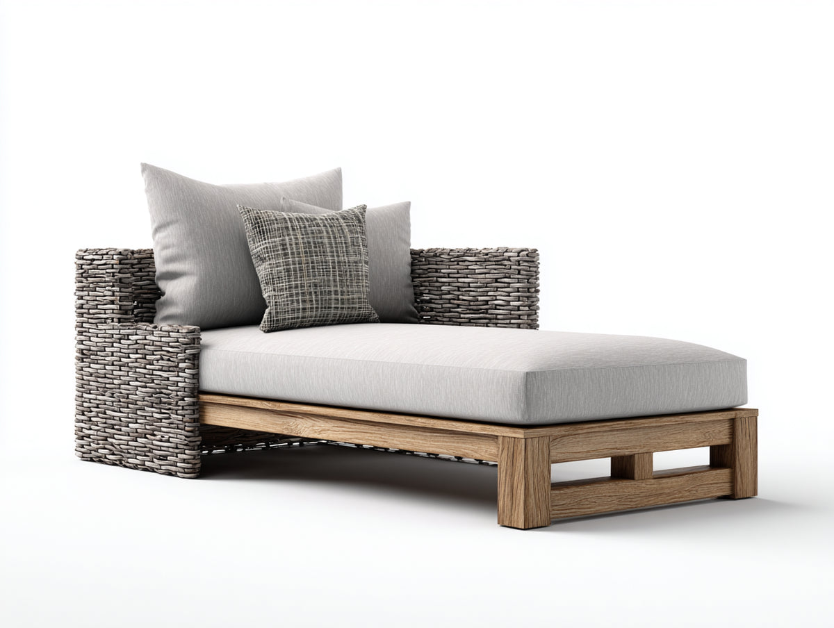 Sonnenliege aus Polyrattan und Massivholz 190 x 90 x 78 cm - Grau-Naturbraun - Breite Liegefläche mit seitlicher Rückenlehne