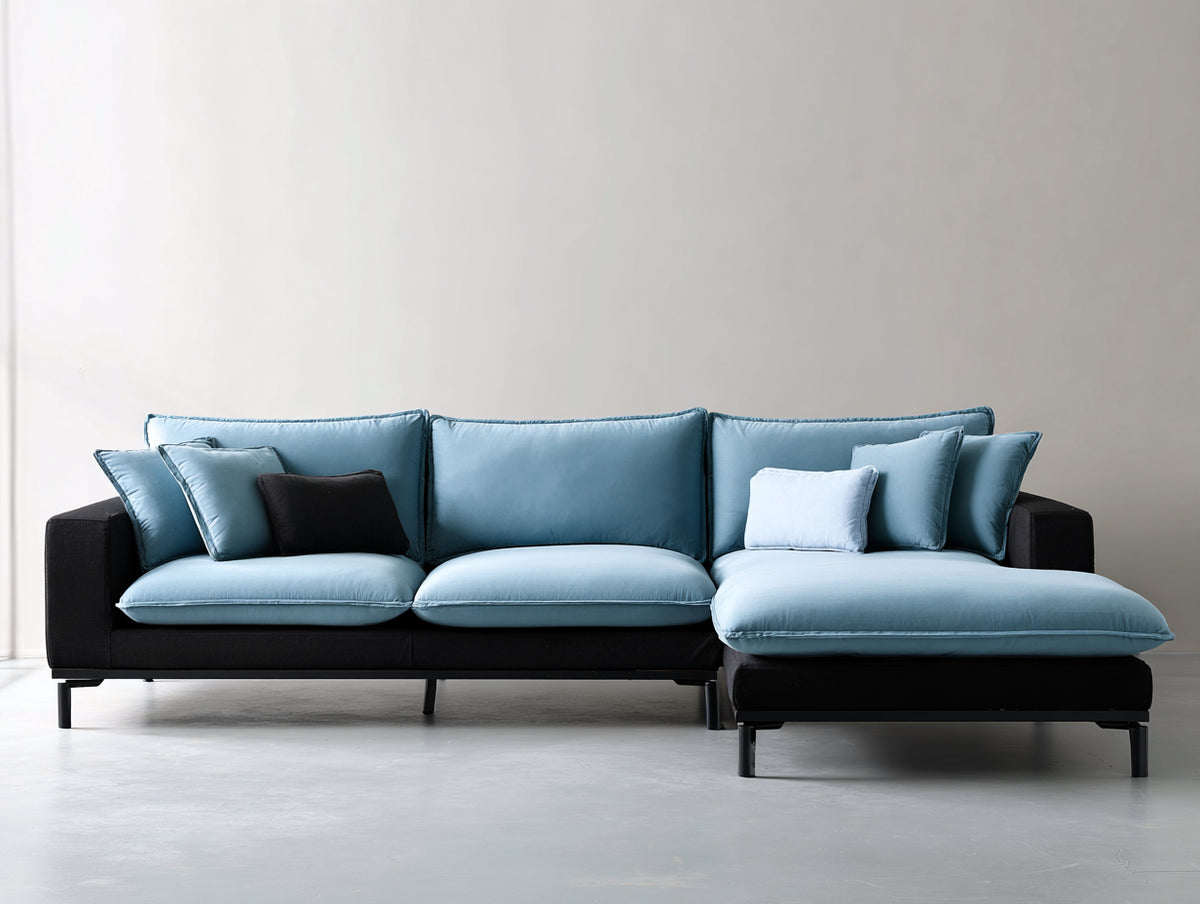 Ecksofa aus Strukturstoff 275 x 170 x 90 cm - Hellblau und Schwarz - Modernes Design mit Ottomane und Metallfüßen für Wohnzimmer