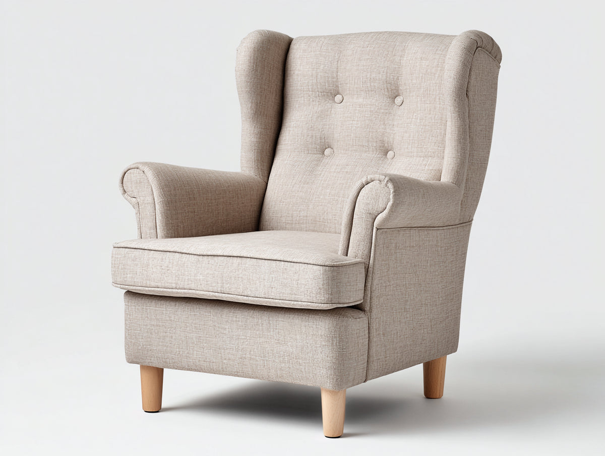 Sessel aus Strukturstoff 90 x 88 x 112 cm - Beige und Naturfarben - Klassisches Ohrensesseldesign mit Knopfheftung für Wohnzimmer und Schlafzimmer