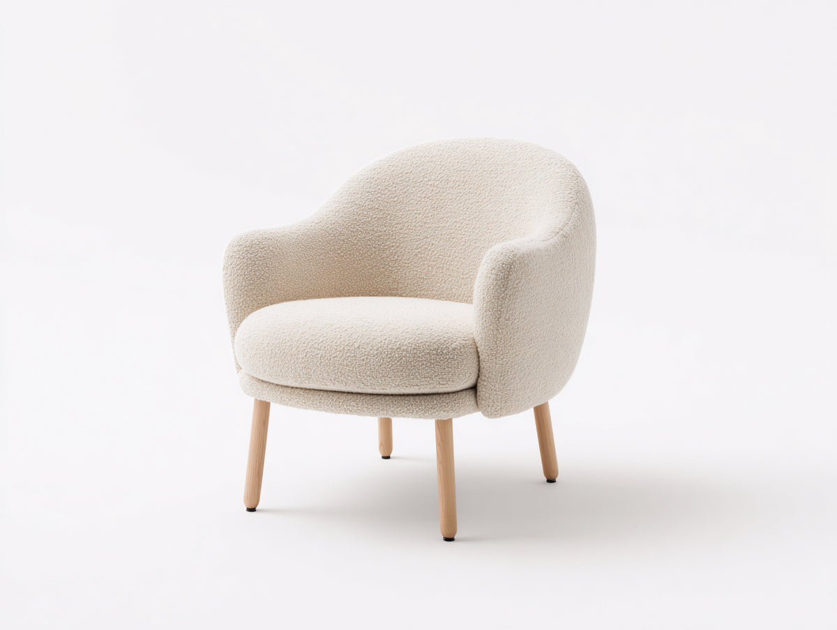 Sessel mit Bouclé-Bezug 84 x 80 x 82 cm - Creme-Naturholz - Rund gepolstert mit Holzfüßen für Wohnzimmer und Schlafzimmer